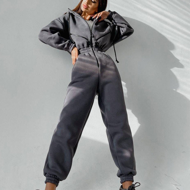 Women’s Casual Two-Piece Hoodie Set Zipper Jacket & Drawstring Pants