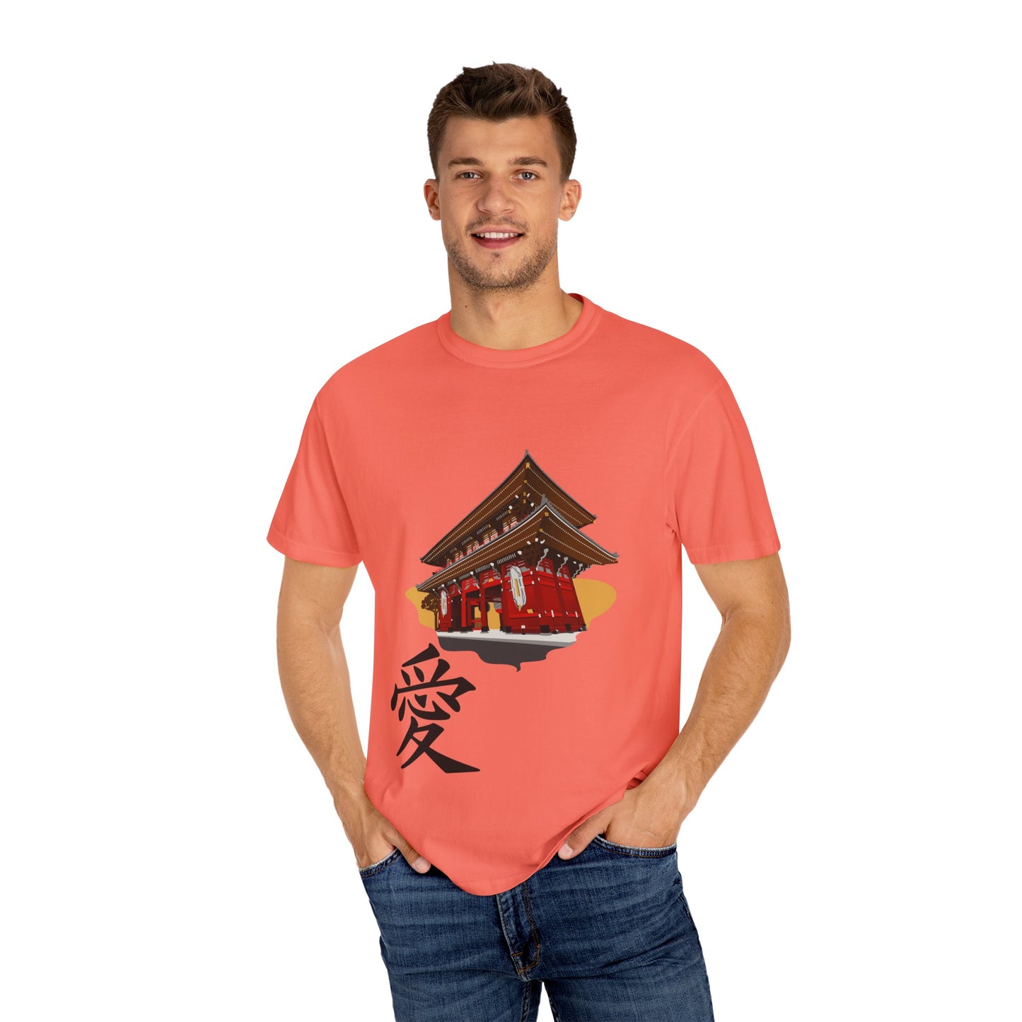Garment-Dyed Unisex T-Shirt with Japanese Temple Design - Perfect for Cultural Enthusiasts
