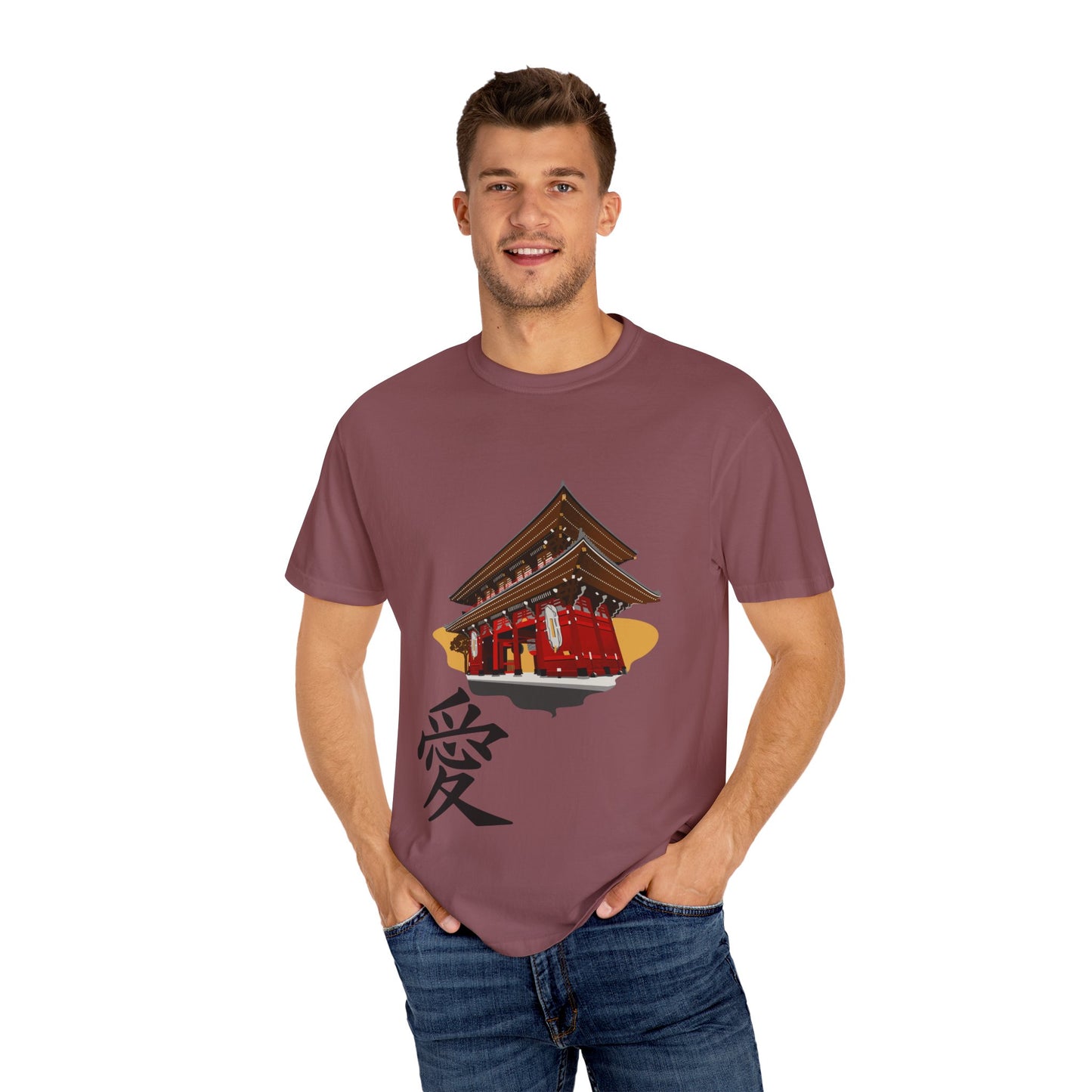 Garment-Dyed Unisex T-Shirt with Japanese Temple Design - Perfect for Cultural Enthusiasts