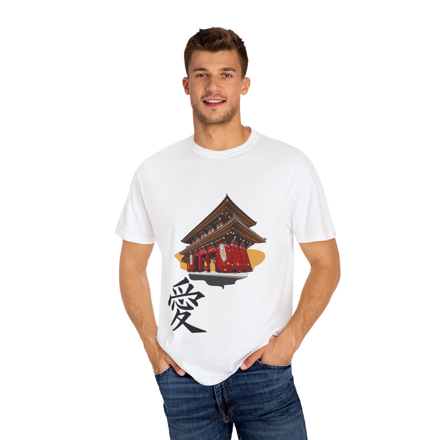 Garment-Dyed Unisex T-Shirt with Japanese Temple Design - Perfect for Cultural Enthusiasts
