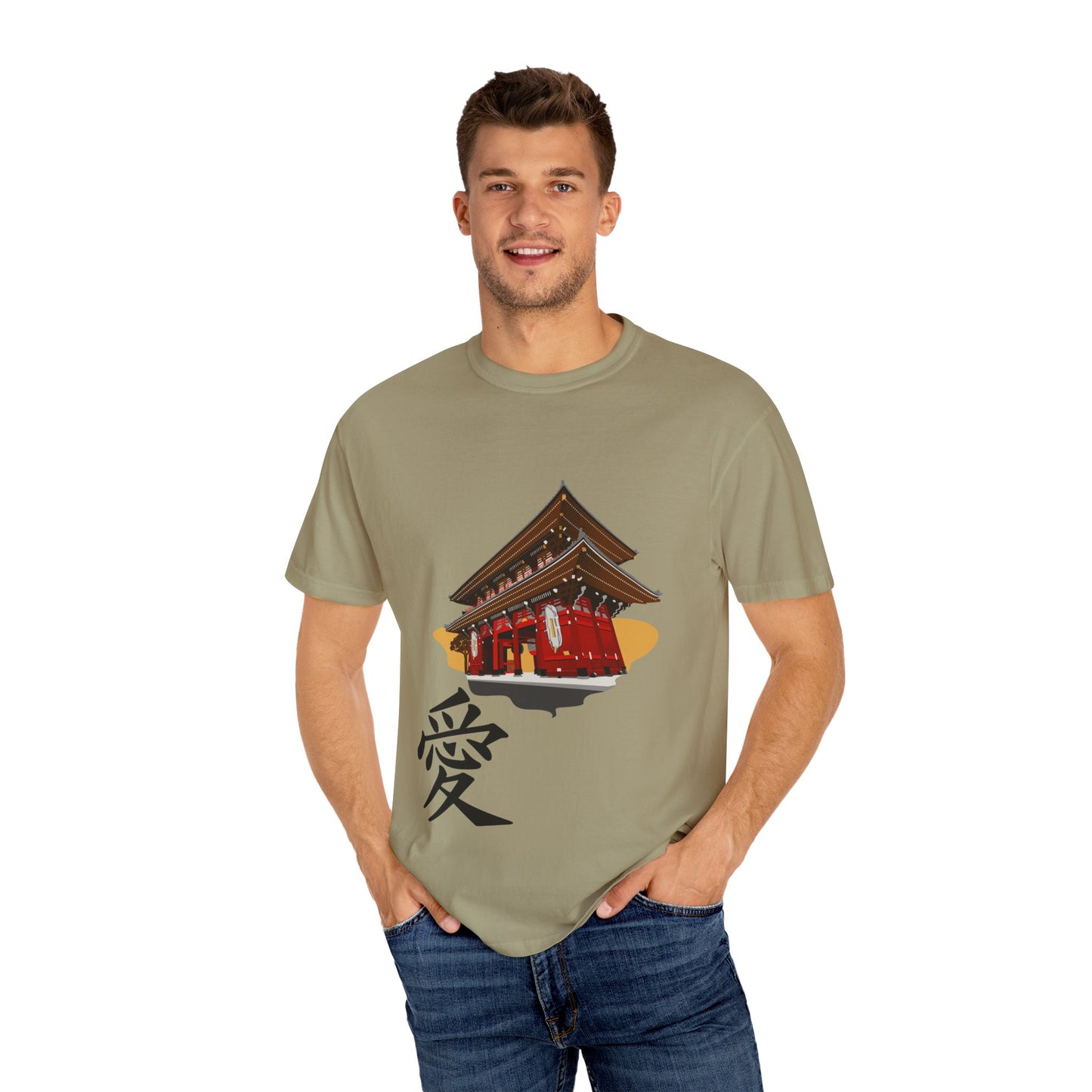 Garment-Dyed Unisex T-Shirt with Japanese Temple Design - Perfect for Cultural Enthusiasts
