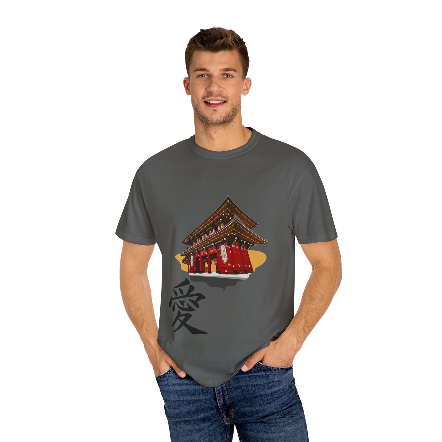 Garment-Dyed Unisex T-Shirt with Japanese Temple Design - Perfect for Cultural Enthusiasts