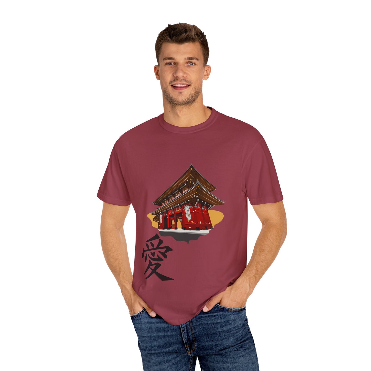 Garment-Dyed Unisex T-Shirt with Japanese Temple Design - Perfect for Cultural Enthusiasts
