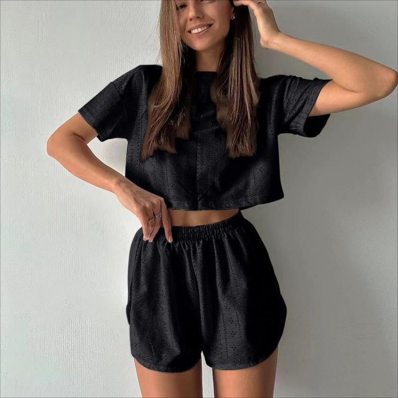 Casual Hollow Suit With Short-sleeved Crop Top And Elastic Slit Shorts Summer Fashion Sport Clothing For Women