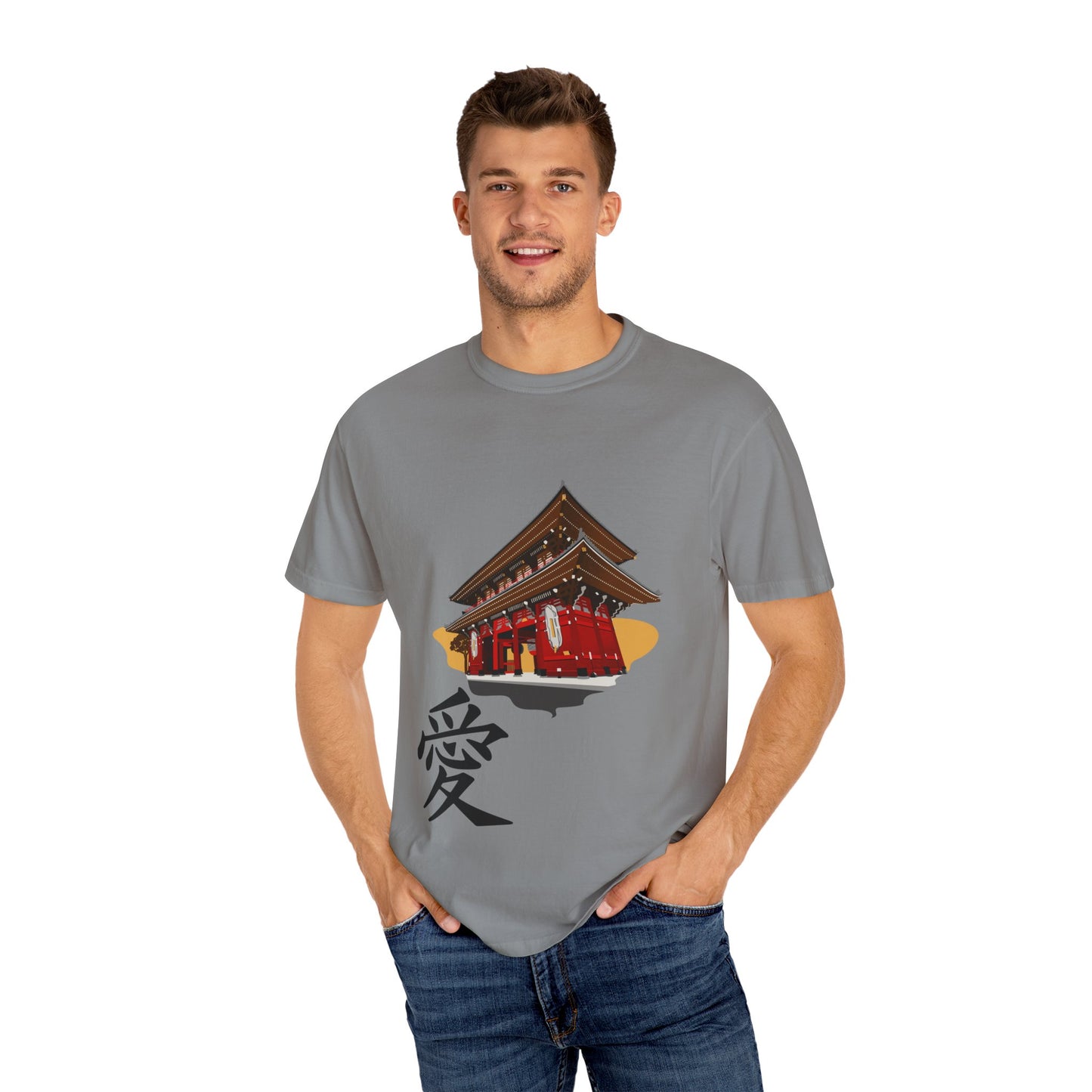 Garment-Dyed Unisex T-Shirt with Japanese Temple Design - Perfect for Cultural Enthusiasts