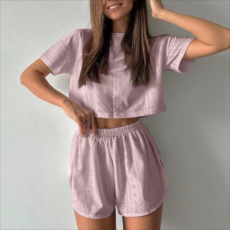 Casual Hollow Suit With Short-sleeved Crop Top And Elastic Slit Shorts Summer Fashion Sport Clothing For Women