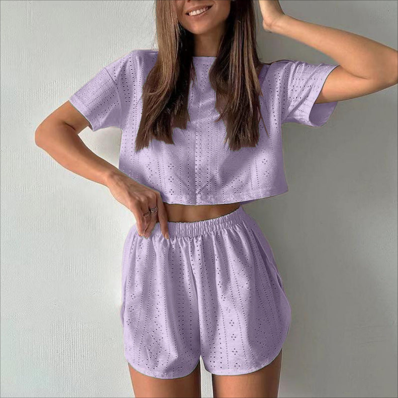 Casual Hollow Suit With Short-sleeved Crop Top And Elastic Slit Shorts Summer Fashion Sport Clothing For Women