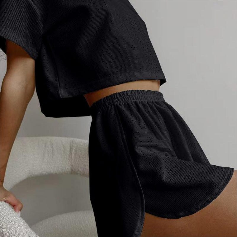 Casual Hollow Suit With Short-sleeved Crop Top And Elastic Slit Shorts Summer Fashion Sport Clothing For Women