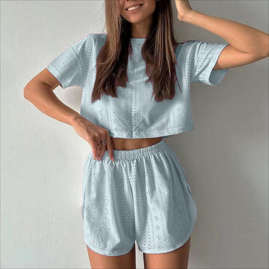 Casual Hollow Suit With Short-sleeved Crop Top And Elastic Slit Shorts Summer Fashion Sport Clothing For Women