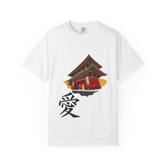 Garment-Dyed Unisex T-Shirt with Japanese Temple Design - Perfect for Cultural Enthusiasts