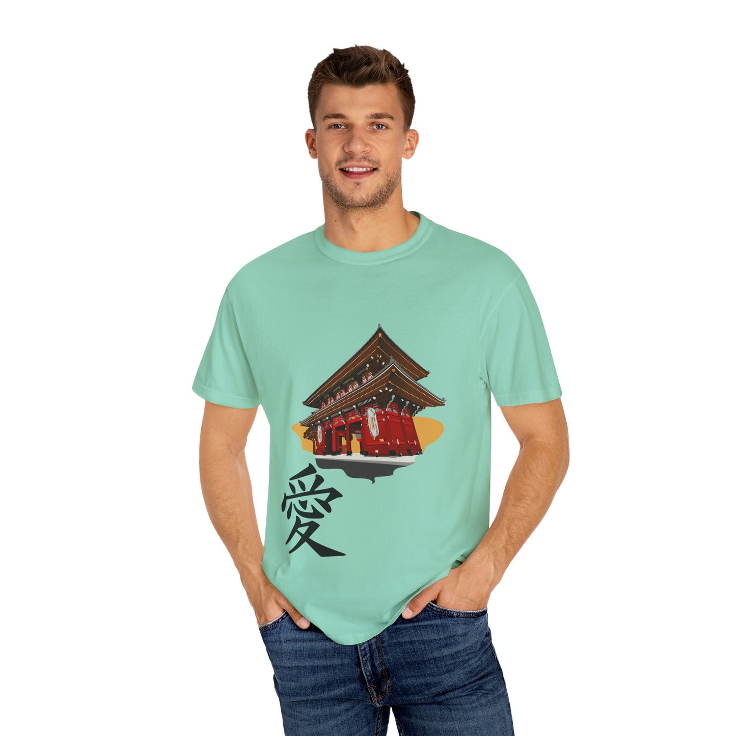 Garment-Dyed Unisex T-Shirt with Japanese Temple Design - Perfect for Cultural Enthusiasts