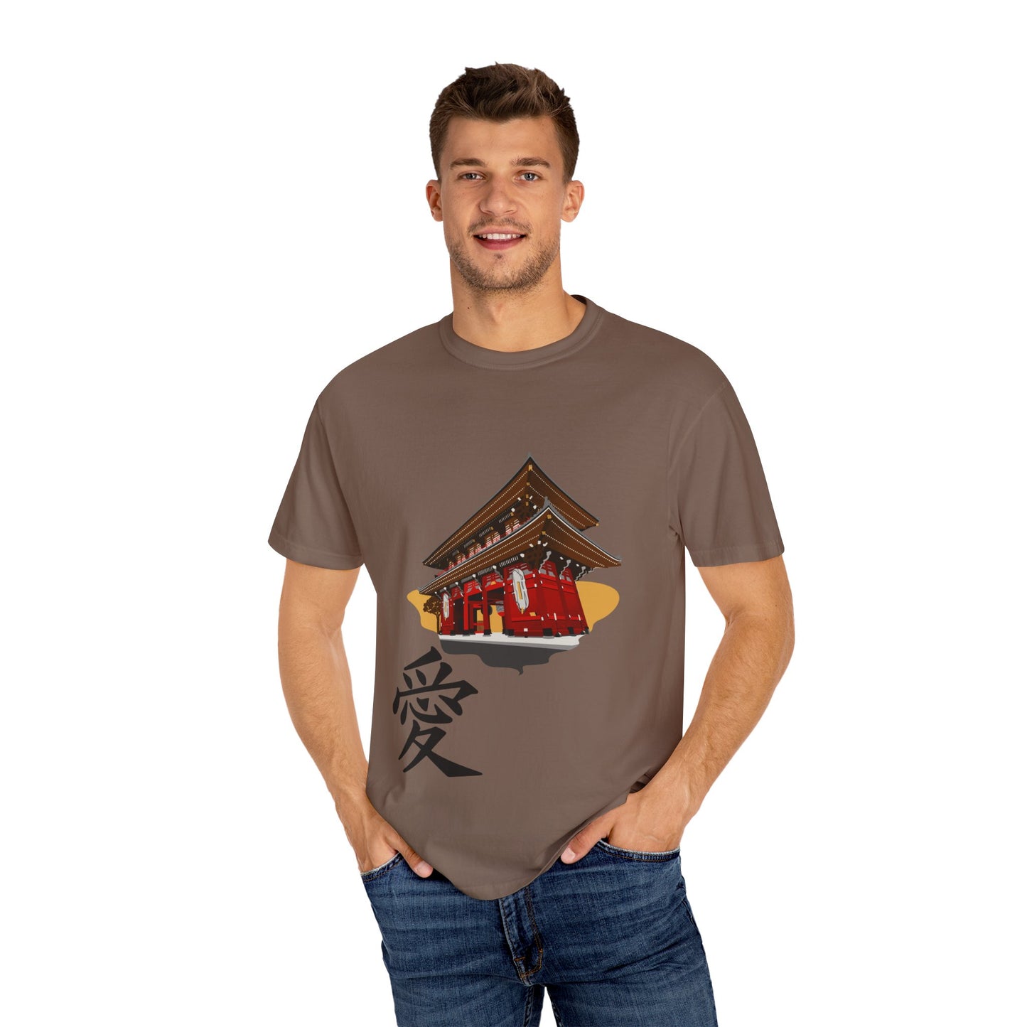 Garment-Dyed Unisex T-Shirt with Japanese Temple Design - Perfect for Cultural Enthusiasts