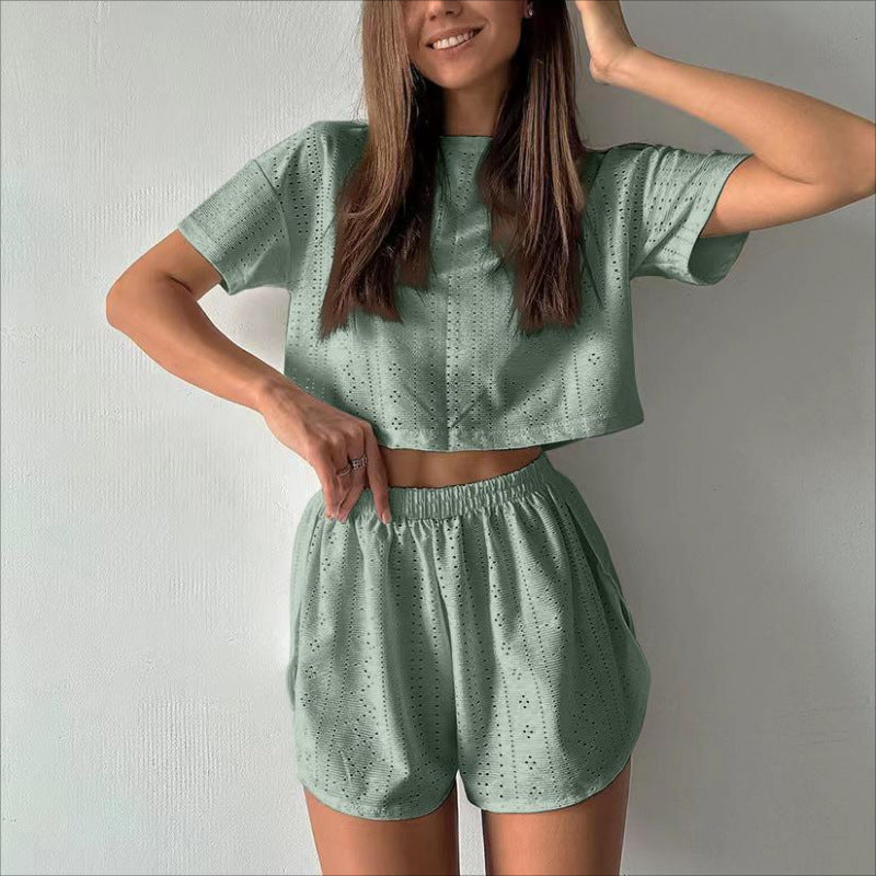 Casual Hollow Suit With Short-sleeved Crop Top And Elastic Slit Shorts Summer Fashion Sport Clothing For Women