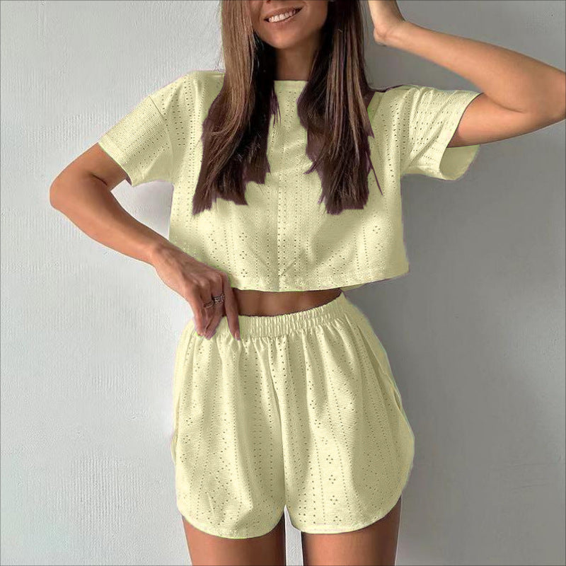 Casual Hollow Suit With Short-sleeved Crop Top And Elastic Slit Shorts Summer Fashion Sport Clothing For Women