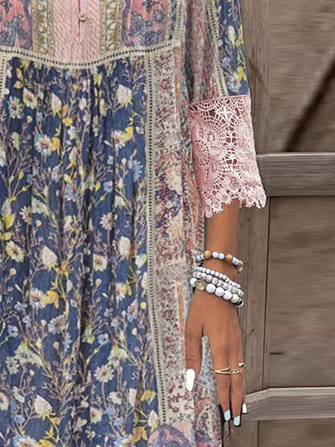 Trendsi Clothing Full Size Lace Detail Printed Three-Quarter Sleeve Dress